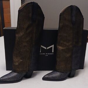 NIB $329 Marc Fisher LTD Black Metallic COWBOY Boots 8